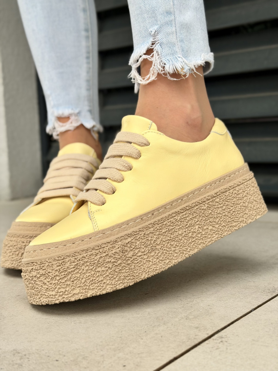 Żółte sneakersy damskie skórzane na platformie casual OLEKSY