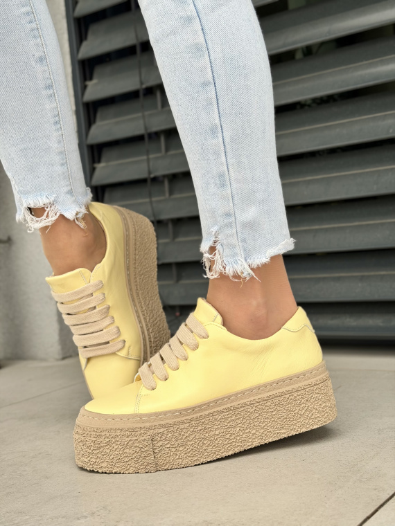 Żółte sneakersy damskie skórzane na platformie casual OLEKSY