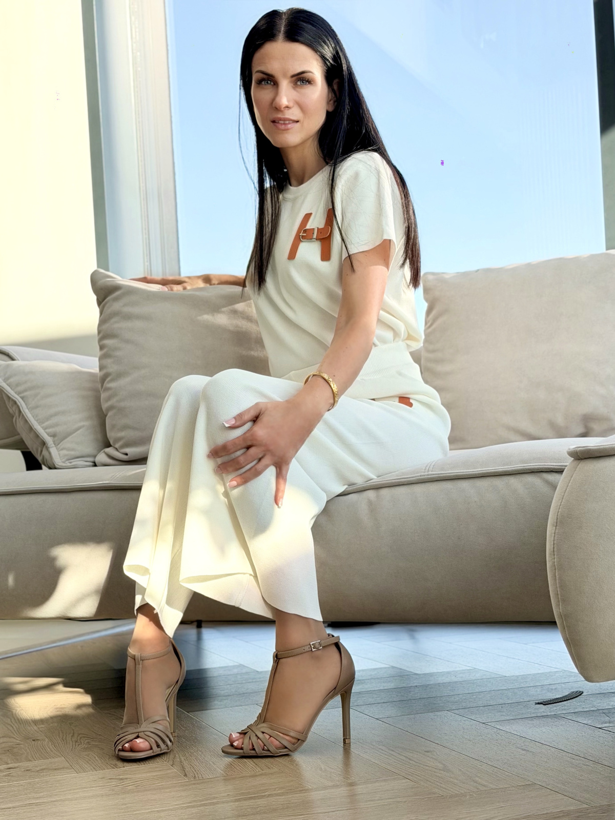 Beżowe sandały na szpilce ze skóry naturalnej OLEKSY