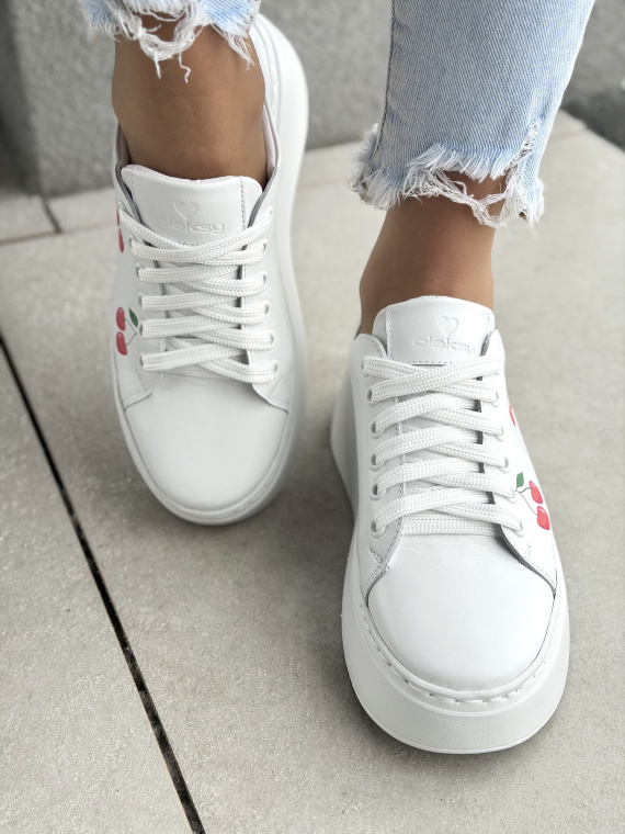 Białe sneakersy skórzane na platformie OLEKSY z wiśniami