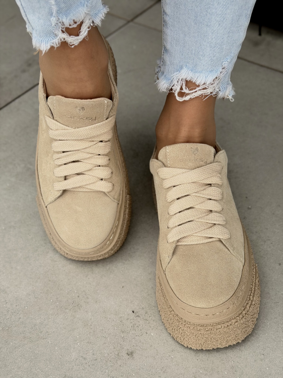 Beżowe sneakersy OLEKSY ze skóry naturalnej na platformie