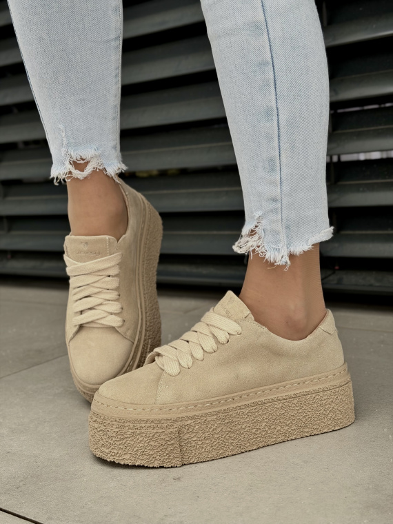 Beżowe sneakersy OLEKSY ze skóry naturalnej na platformie