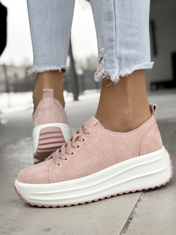 Różowe sneakersy skórzane na platformie casual damskie
