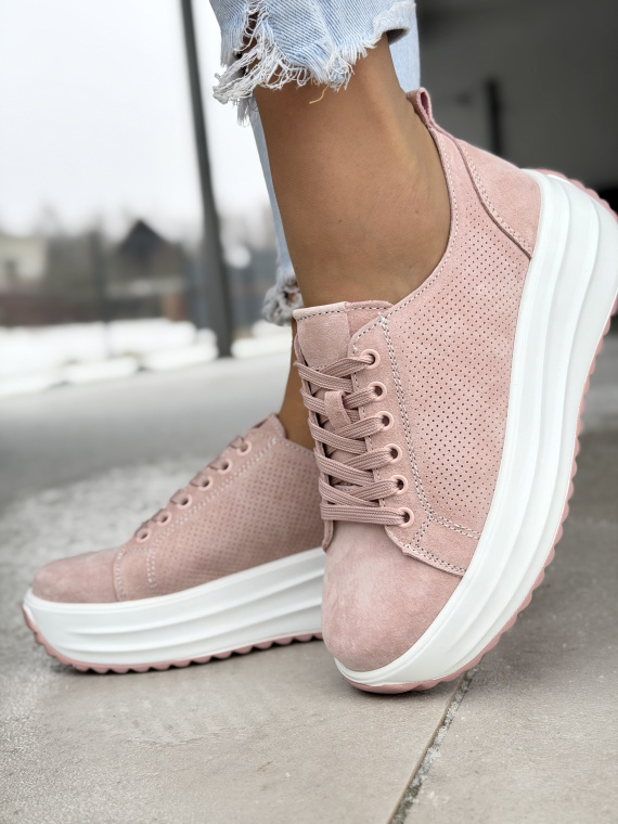 Różowe sneakersy skórzane na platformie casual damskie