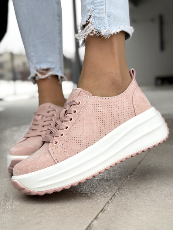 Różowe sneakersy skórzane na platformie casual damskie