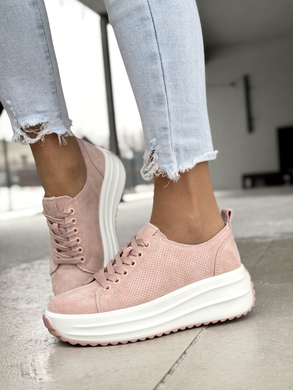 Różowe sneakersy skórzane na platformie casual damskie