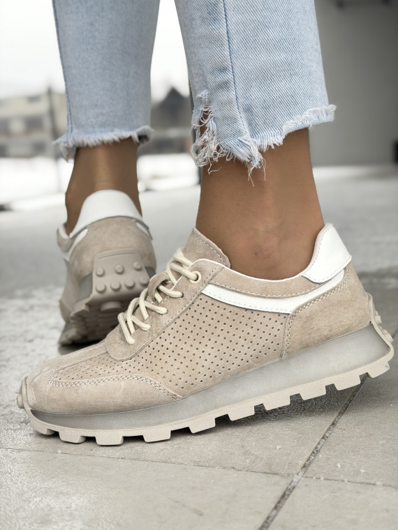 Beżowe sneakersy skórzane damskie casual perforowane