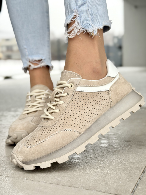 Beżowe sneakersy skórzane damskie casual perforowane