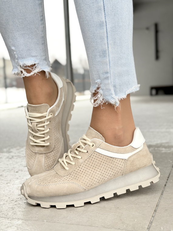 Beżowe sneakersy skórzane damskie casual perforowane