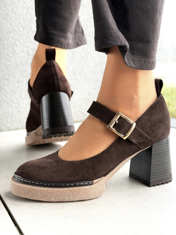 Brązowe czółenka zamszowe na słupku z paskiem OLEKSY