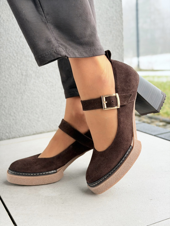 Brązowe czółenka zamszowe na słupku z paskiem OLEKSY