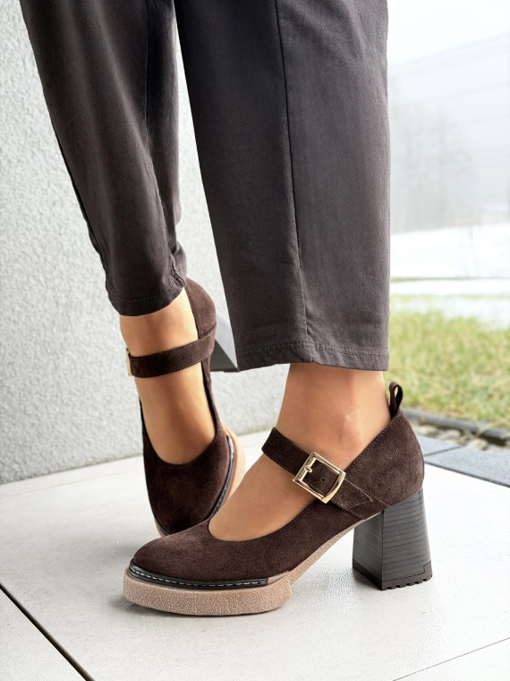 Brązowe czółenka zamszowe na słupku z paskiem OLEKSY