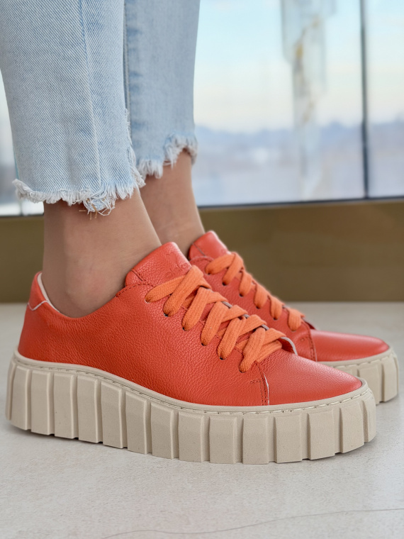 Pomarańczowe sneakersy skórzane OLEKSY na platformie casual