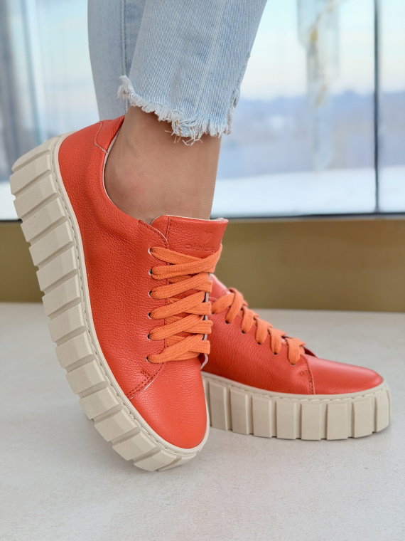 Pomarańczowe sneakersy skórzane OLEKSY na platformie casual