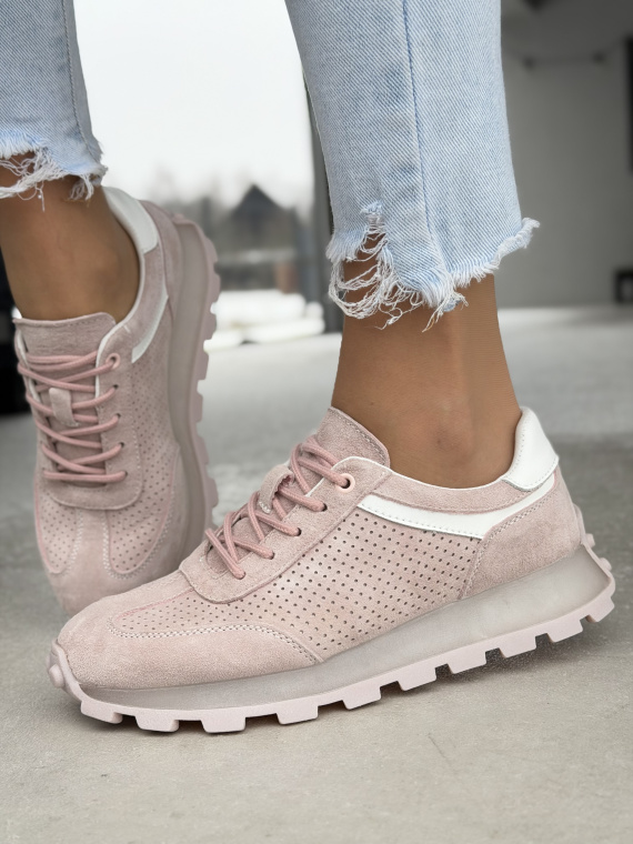 Różowe sneakersy zamszowe ze skóry naturalnej casual