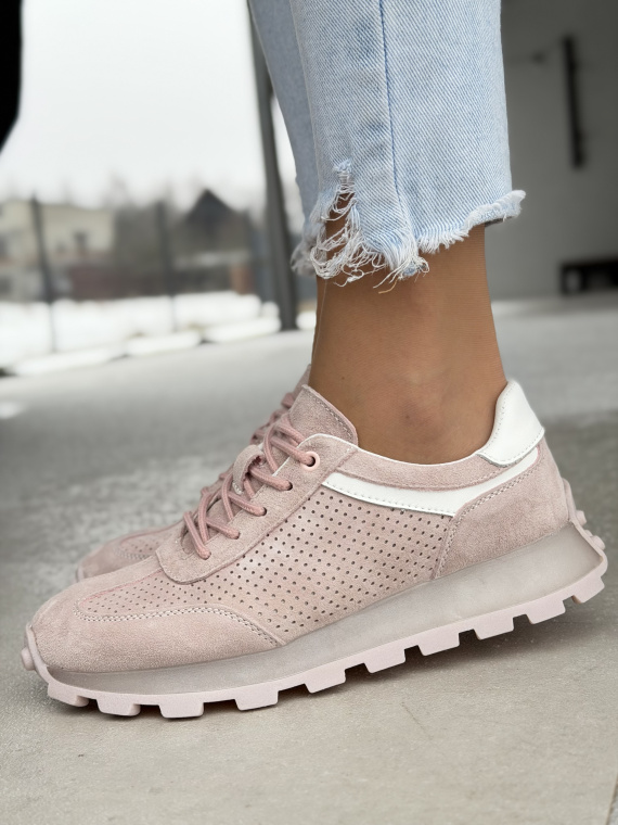 Różowe sneakersy zamszowe ze skóry naturalnej casual