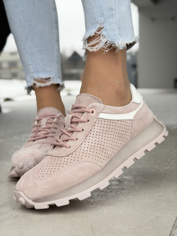 Różowe sneakersy zamszowe ze skóry naturalnej casual