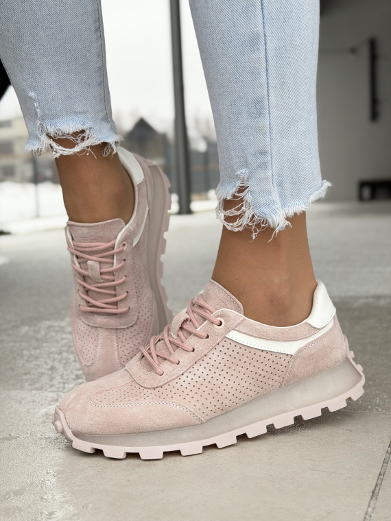 Różowe sneakersy zamszowe ze skóry naturalnej casual