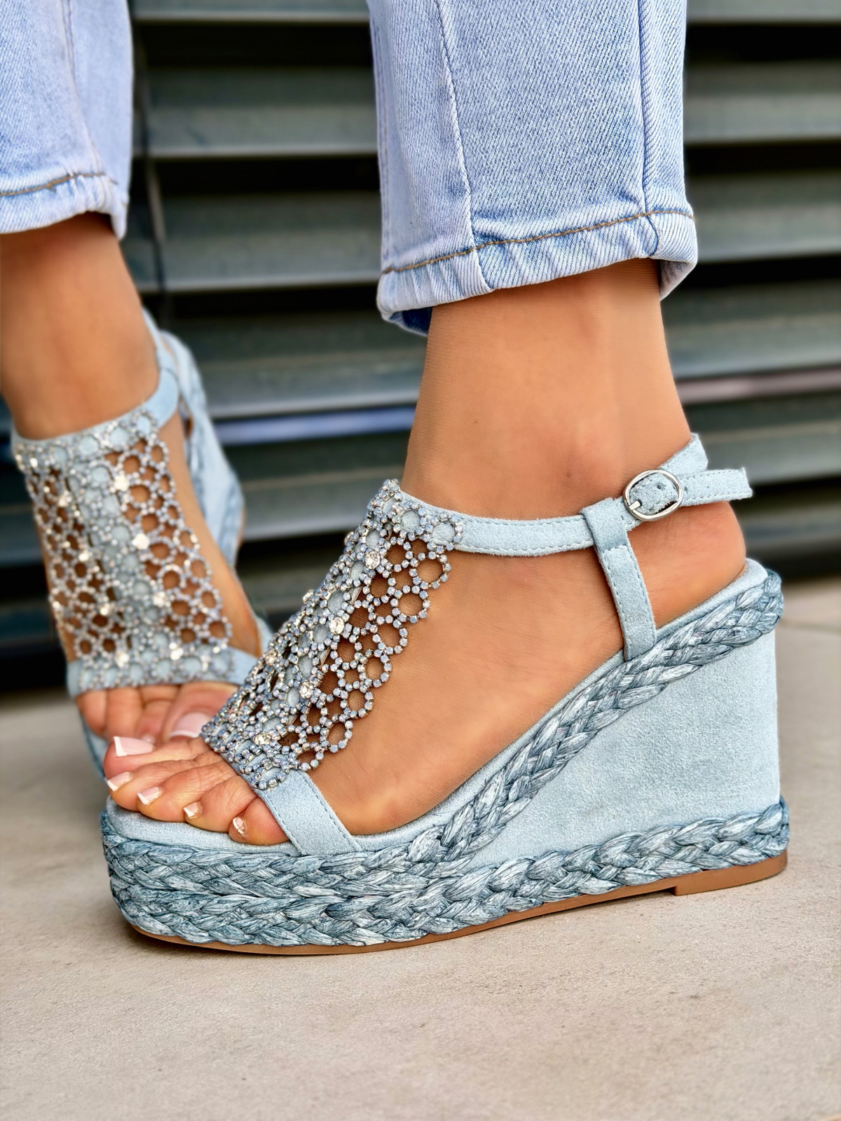 Błękitne sandały OLEKSY na koturnie espadryle