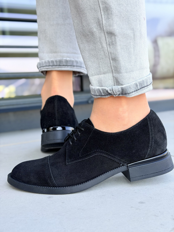 Czarne zamszowe półbuty damskie OLEKSY skórzane sznurowane eleganckie casual