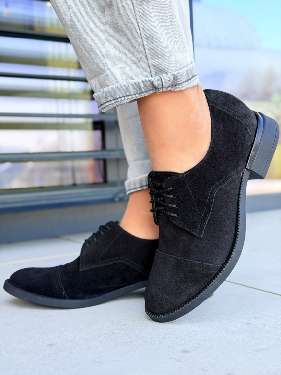Czarne zamszowe półbuty damskie OLEKSY skórzane sznurowane eleganckie casual