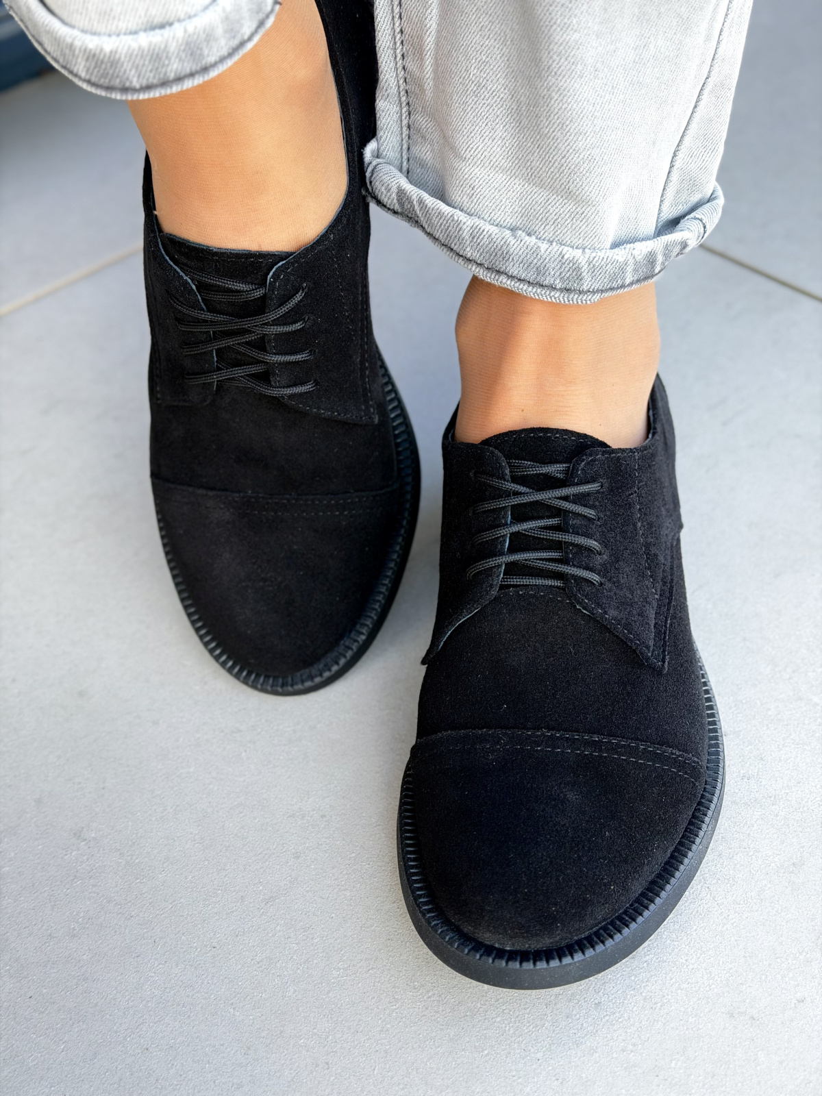 Czarne zamszowe półbuty damskie OLEKSY skórzane sznurowane eleganckie casual