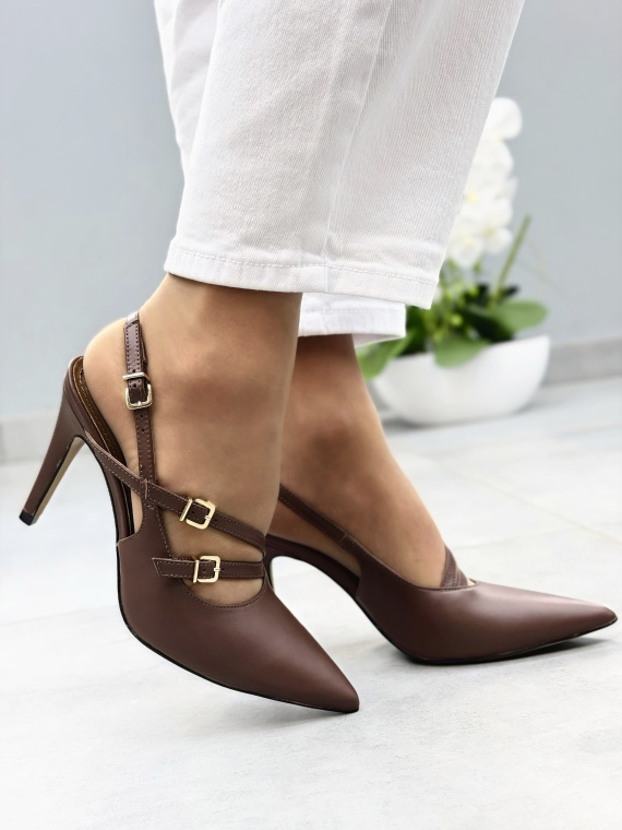 Brązowe czółenka skórzane OLEKSY na szpilce z paskami eleganckie