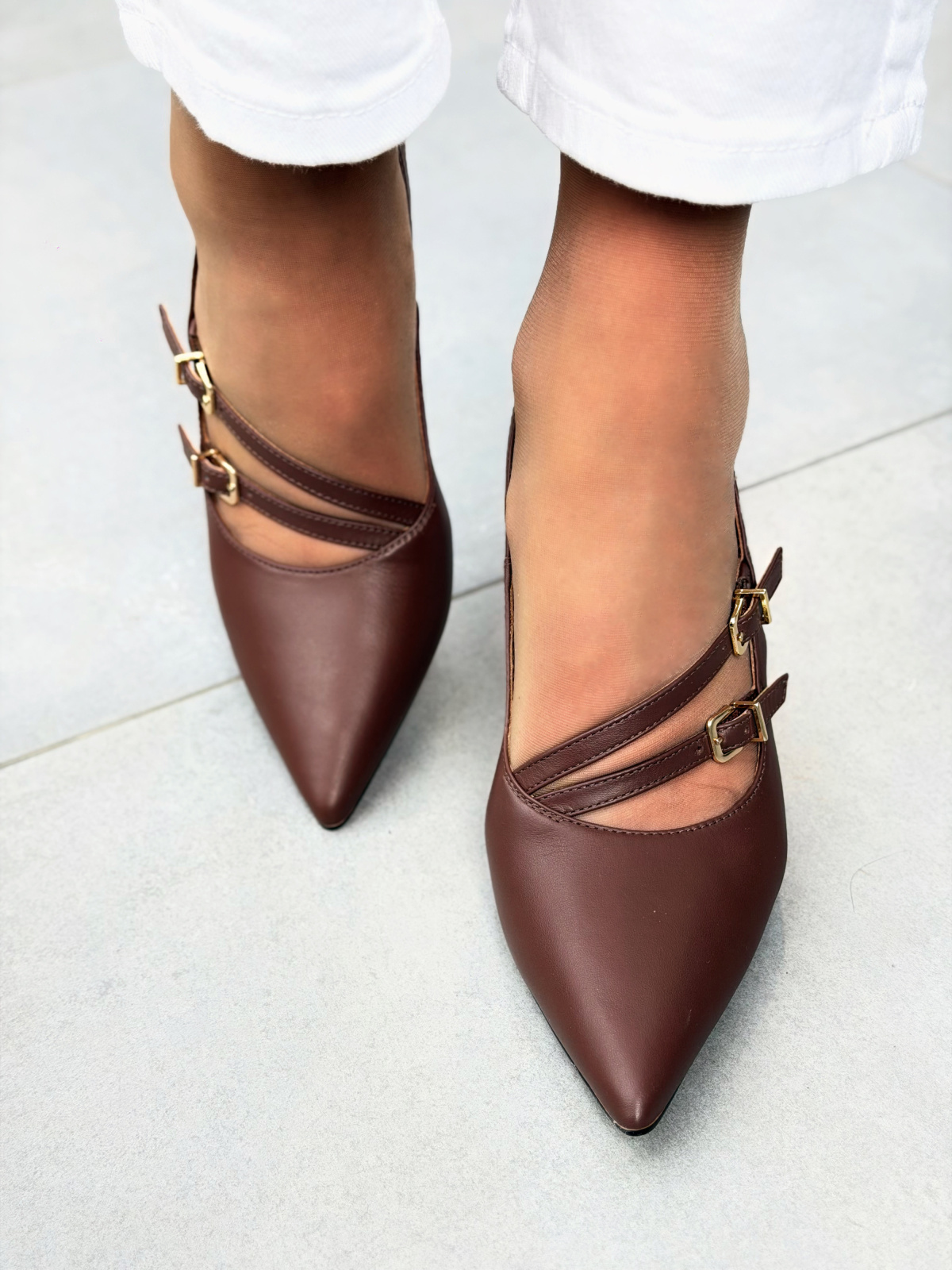 Brązowe czółenka skórzane OLEKSY na szpilce z paskami eleganckie