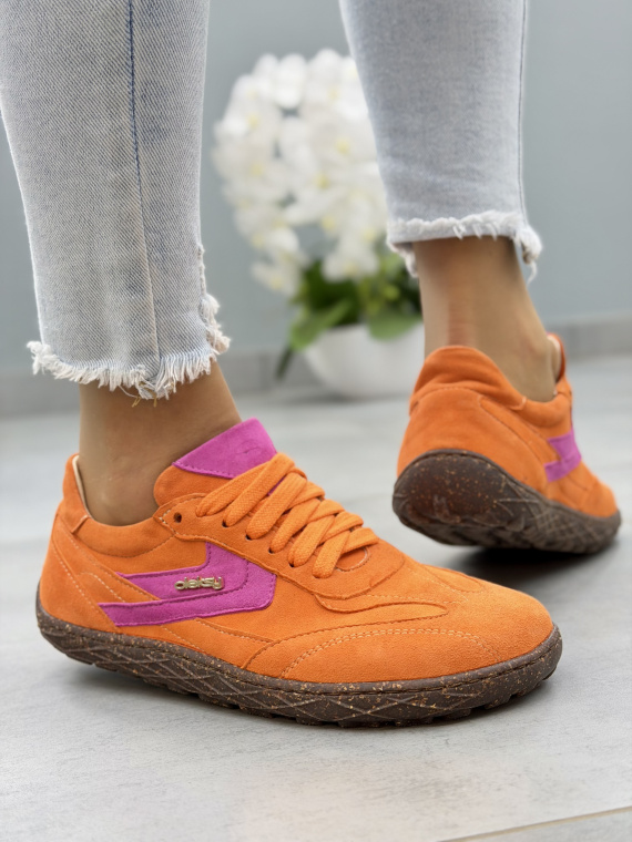 Pomarańczowe sneakersy barefoot skórzane zamszowe OLEKSY casual sznurowane damskie