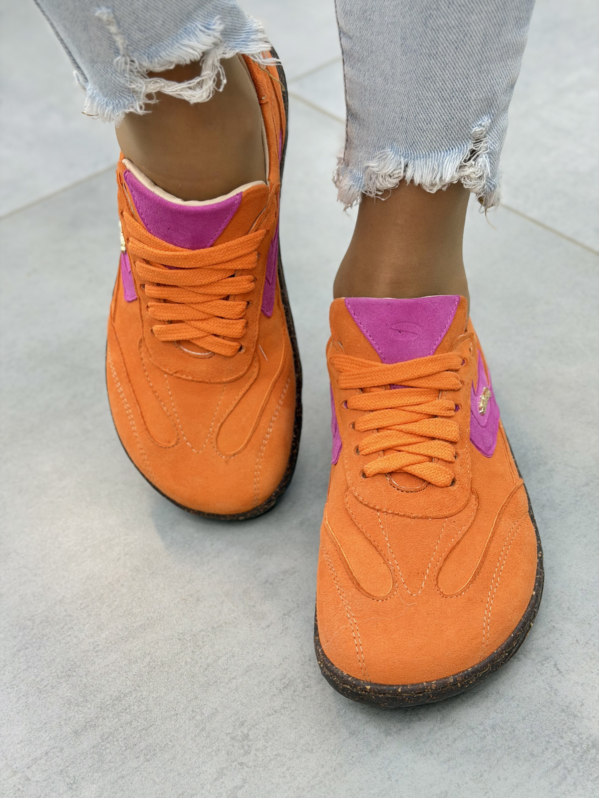 Pomarańczowe sneakersy barefoot skórzane zamszowe OLEKSY casual sznurowane damskie