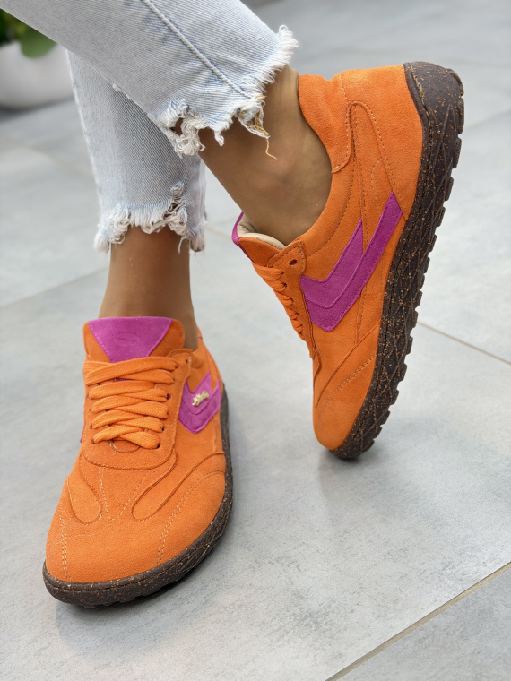 Pomarańczowe sneakersy barefoot skórzane zamszowe OLEKSY casual sznurowane damskie