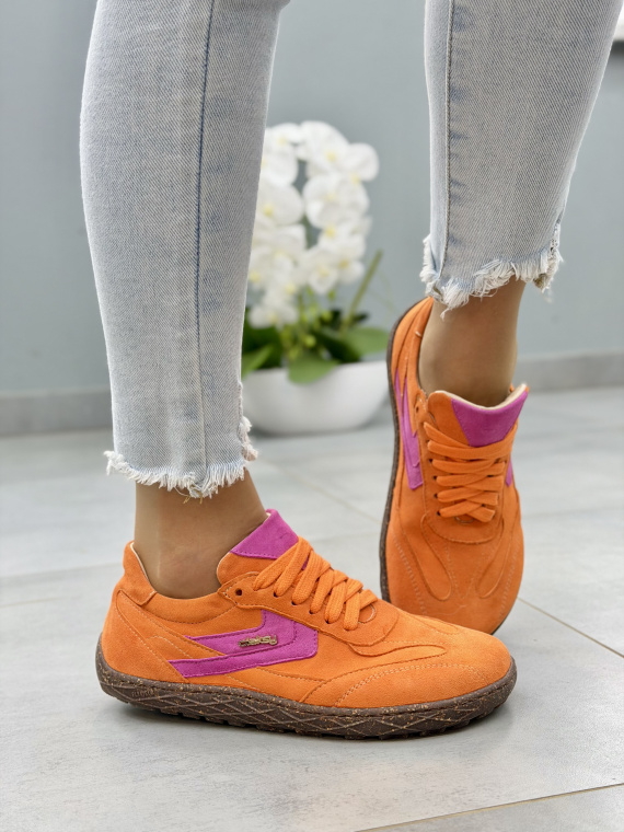 Pomarańczowe sneakersy barefoot skórzane zamszowe OLEKSY casual sznurowane damskie
