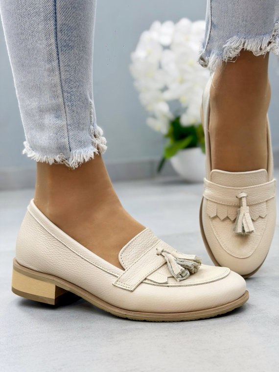 Beżowe mokasyny skórzane damskie OLEKSY casual