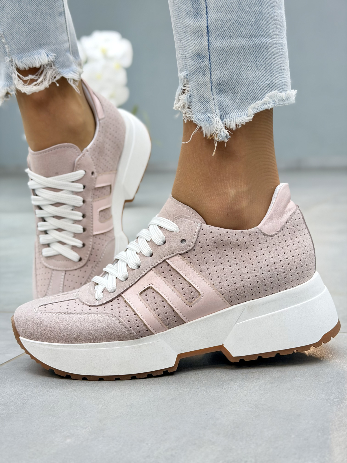 Różowe sneakersy damskie ze skóry naturalnej OLEKSY na platformie casual