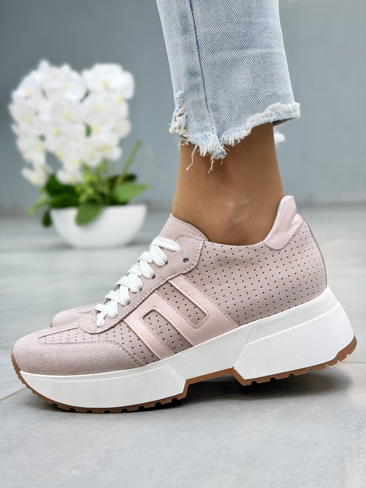 Różowe sneakersy damskie ze skóry naturalnej OLEKSY na platformie casual