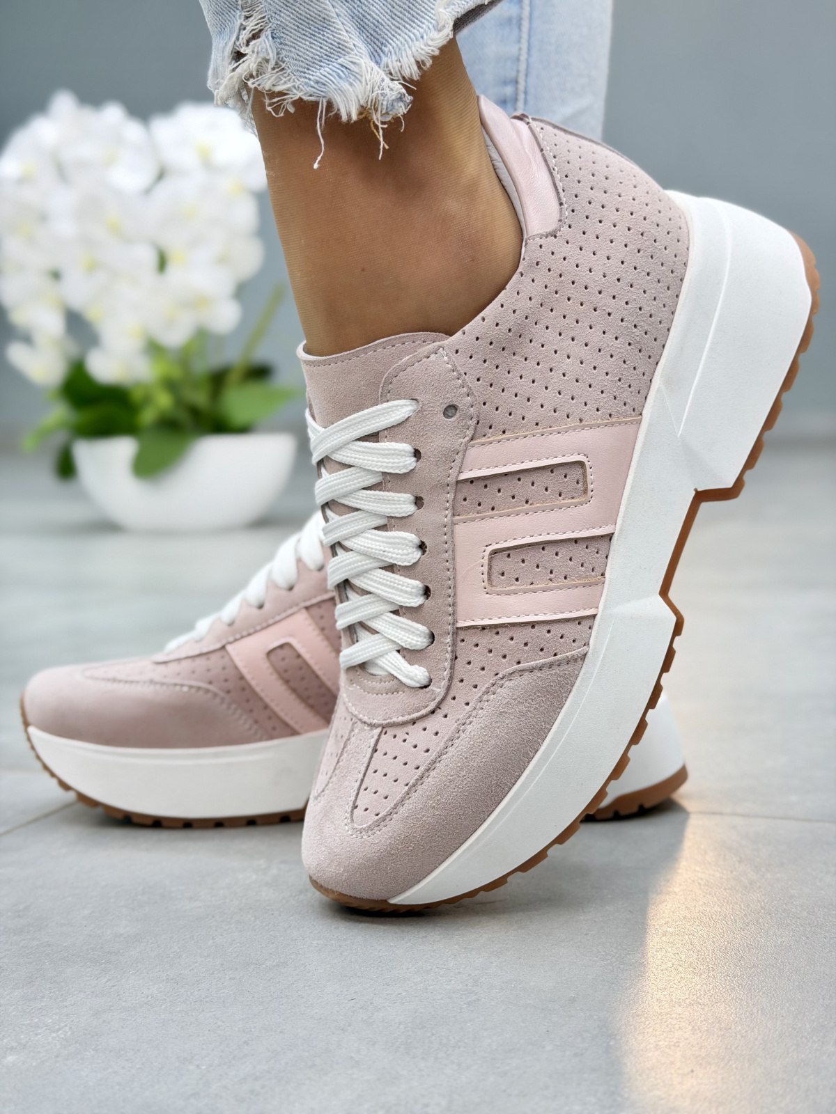 Różowe sneakersy damskie ze skóry naturalnej OLEKSY na platformie casual