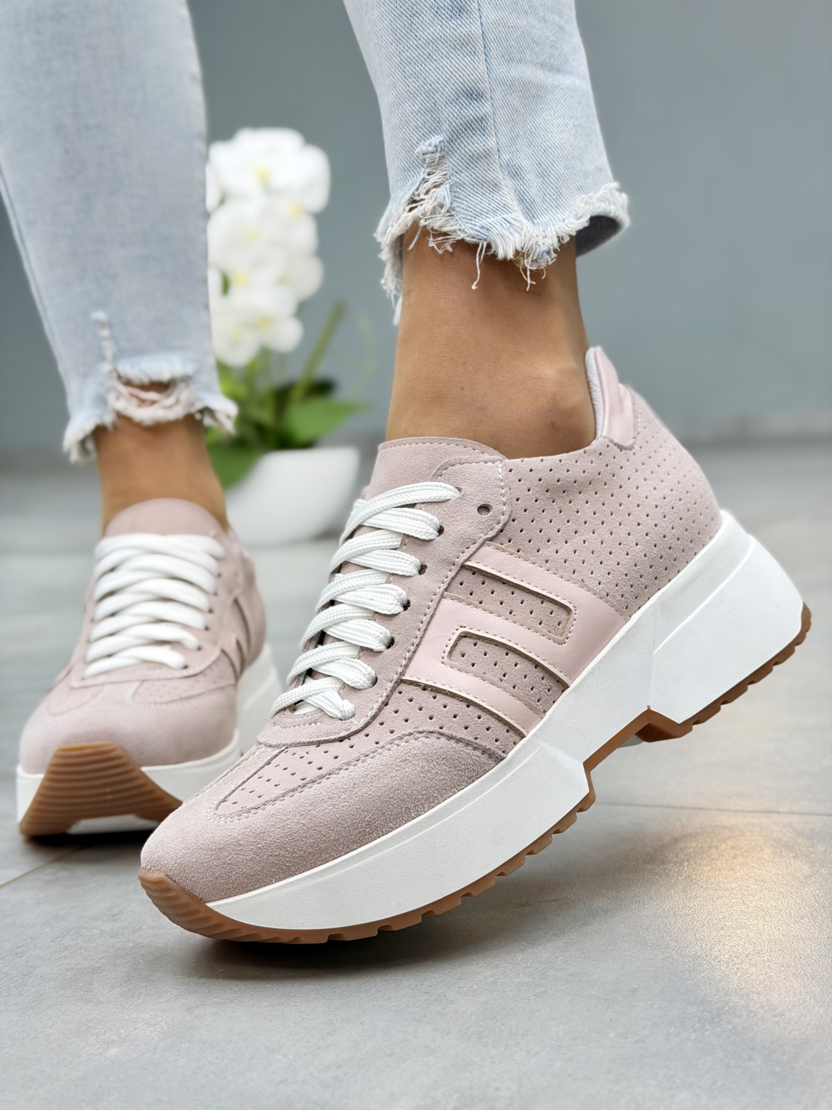 Różowe sneakersy damskie ze skóry naturalnej OLEKSY na platformie casual