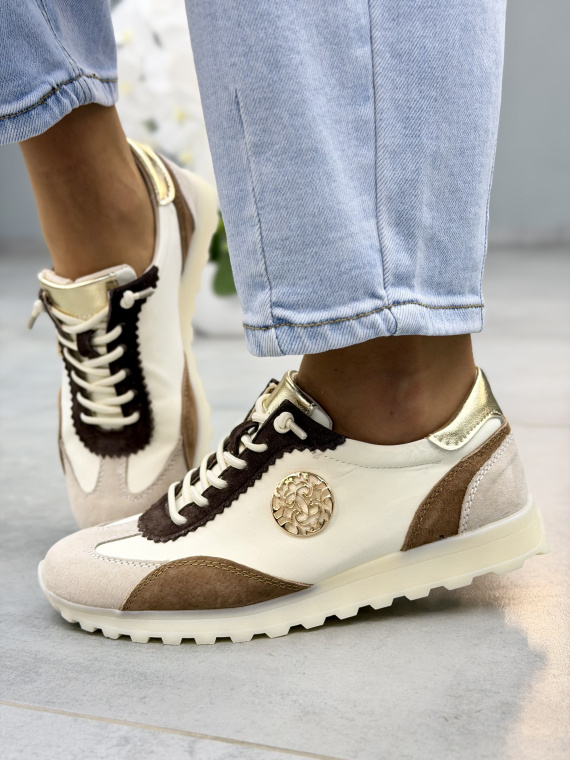 Beżowo-brązowe sneakersy damskie skórzane casual