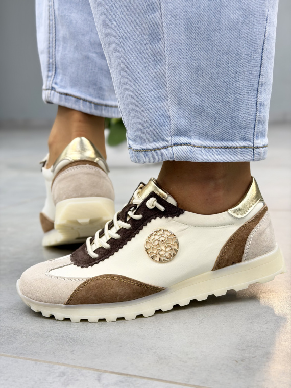 Beżowo-brązowe sneakersy damskie skórzane casual