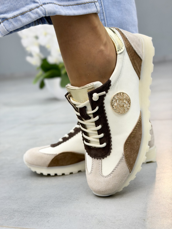 Beżowo-brązowe sneakersy damskie skórzane casual