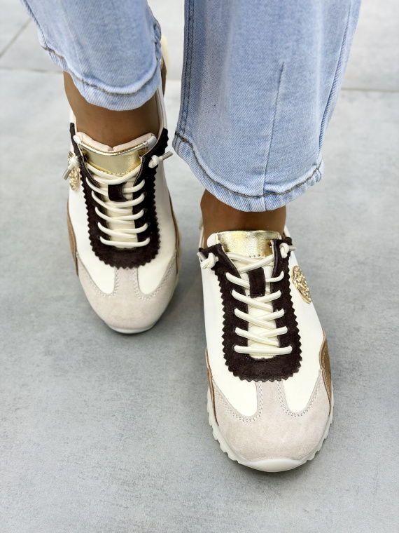 Beżowo-brązowe sneakersy damskie skórzane casual