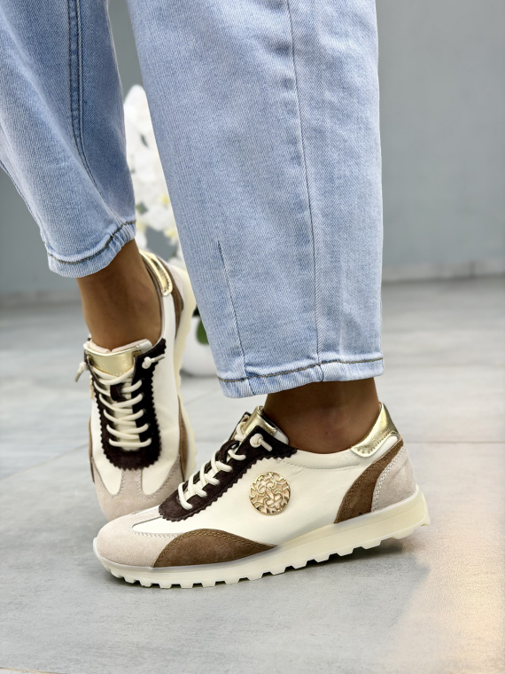 Beżowo-brązowe sneakersy damskie skórzane casual