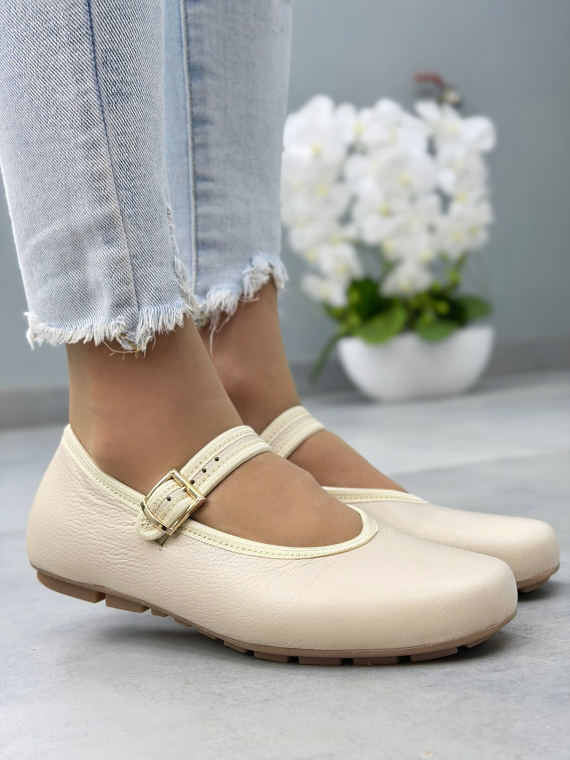 Beżowe baleriny Mary Jane ze skóry naturalnej OLEKSY casual