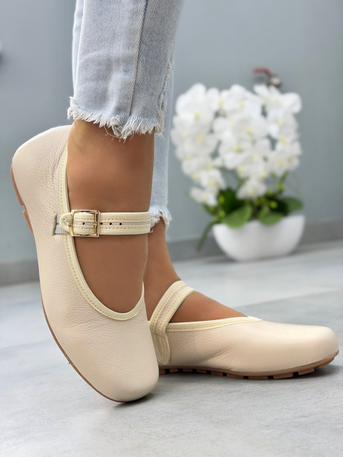 Beżowe baleriny Mary Jane ze skóry naturalnej OLEKSY casual