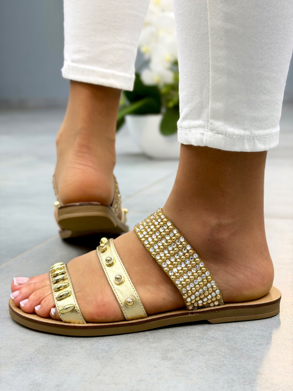 Złote klapki damskie skórzane OLEKSY płaskie casual