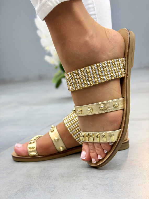 Złote klapki damskie skórzane OLEKSY płaskie casual