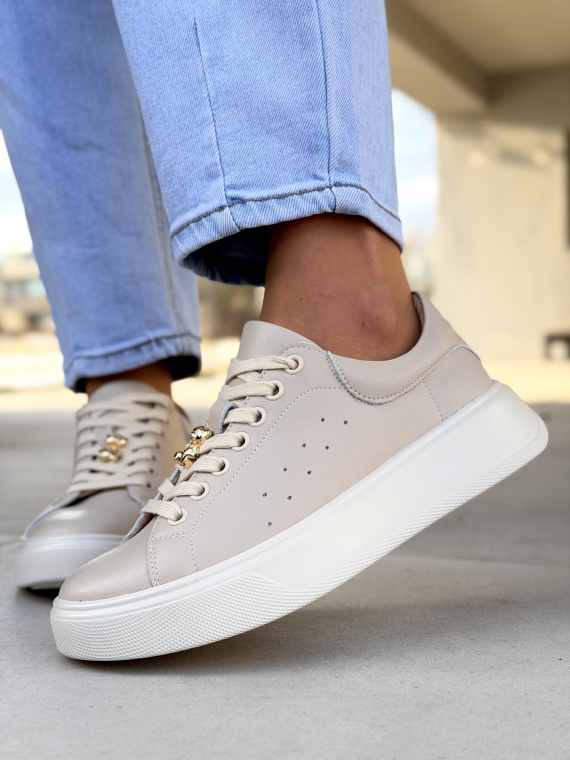 Beżowe sneakersy damskie skórzane na platformie casual