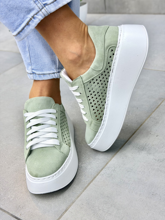 Miętowe sneakersy damskie skórzane OLEKSY na platformie