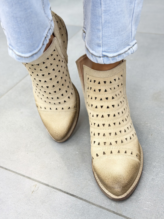 Beżowe kowbojki damskie ażurowe OLEKSY ze skóry naturalnej casual