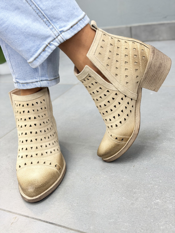 Beżowe kowbojki damskie ażurowe OLEKSY ze skóry naturalnej casual